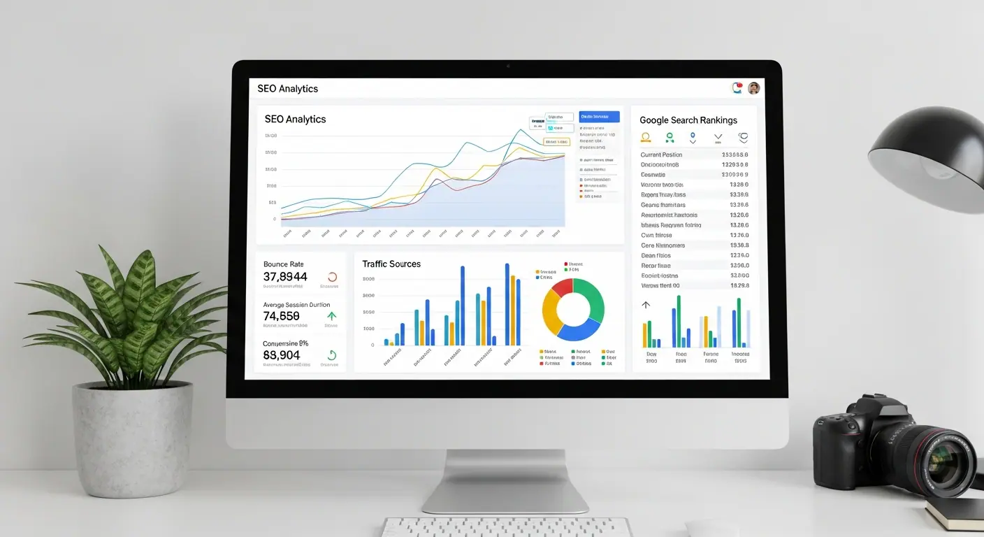 Tableau de bord SEO avec graphiques de performance et positionnement Google