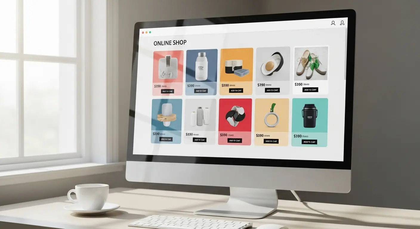 Boutique en ligne avec grille de produits sur ordinateur